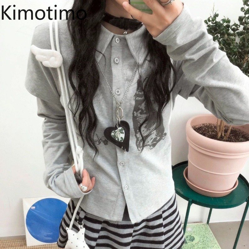 Women Top Fashion - Kimotimo Y2k Camiseta Vintage com Estampa