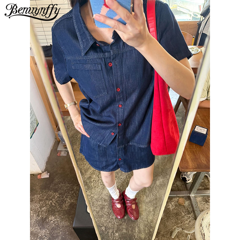 Women Fashion Jeans - Camisa Jeans Feminina Retrô de Manga