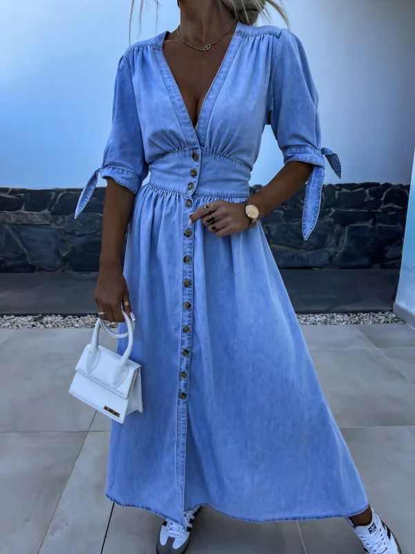 Women Fashion Jeans - Vestido Jeans Moderno com Decote V