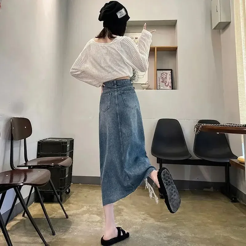 Women Fashion Jeans - Saia jeans feminina cintura alta com