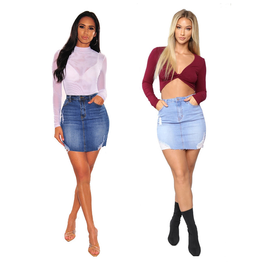 Women Fashion Jeans - Minissaias jeans desgastadas para mulheres, saia